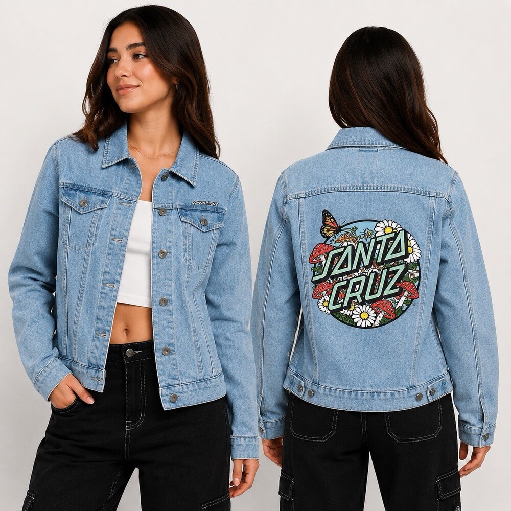 Santa Cruz Monarch Mushroom Denim Jacket Womens XS Butterfly Floral Skate Y2K